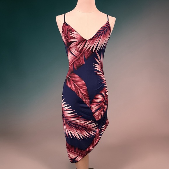 Windsor Tropical Palm Leaf Asymmetrical Ruched Bodycon Dress Navy Pink Medium - Picture 2 of 13